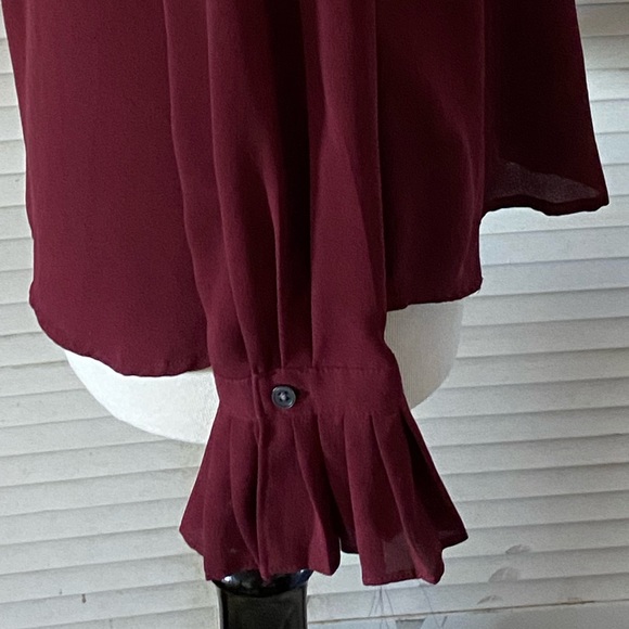 LOFT Burgundy Ruffled Long Sleeve Button Down Blouse Top - Picture 6 of 7